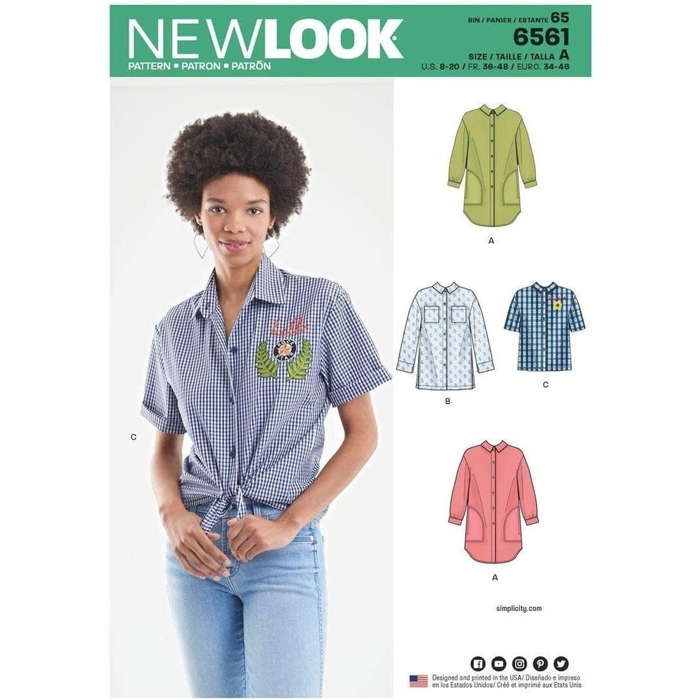 New Look 6561 Sewing Pattern Misses 8-20 White Button Front Blouse Shirt Uncut